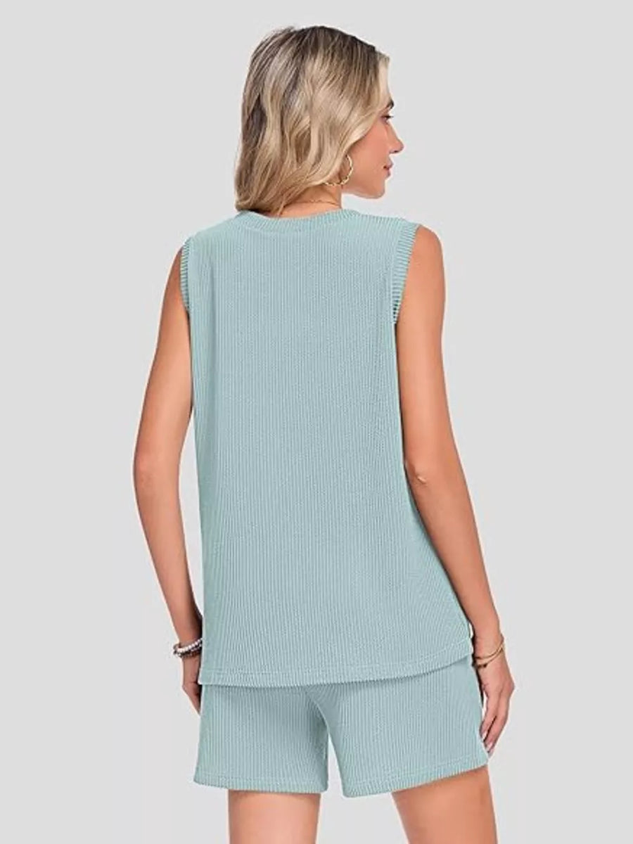 Air Force Blue ribbed knit set with sleeveless top and shorts, featuring pockets.