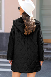 Black diamond quilted hooded jacket with snap front detail