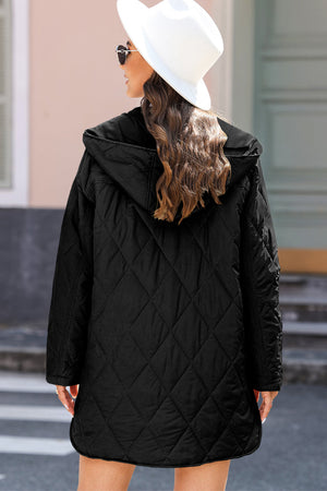 Black diamond quilted hooded jacket with snap front detail