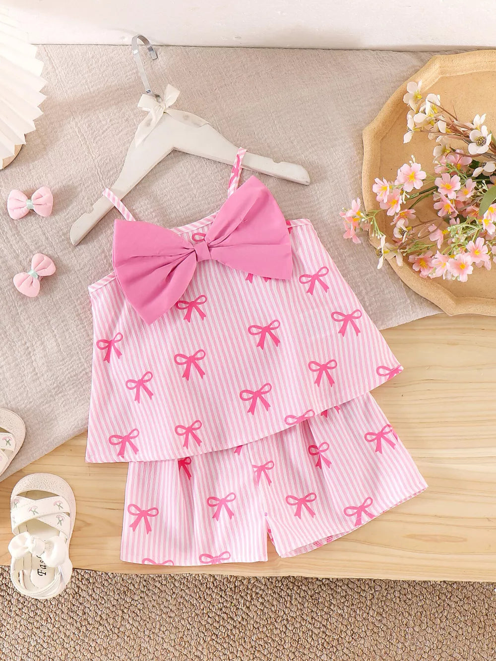 Pink Children's Striped Bow Cami And Shorts Set
