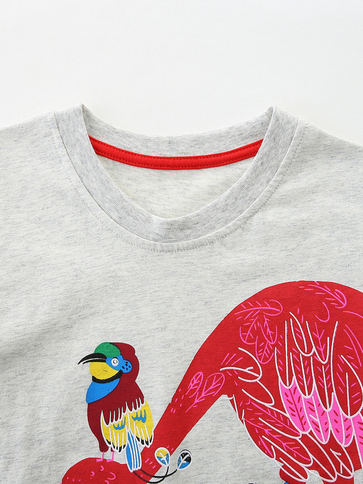 Light grey cotton t-shirt with colorful bird print and red neckline trim.