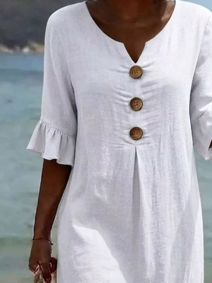 Khaki Full Size Casual Button Midi Dress With Ruffle Sleeves