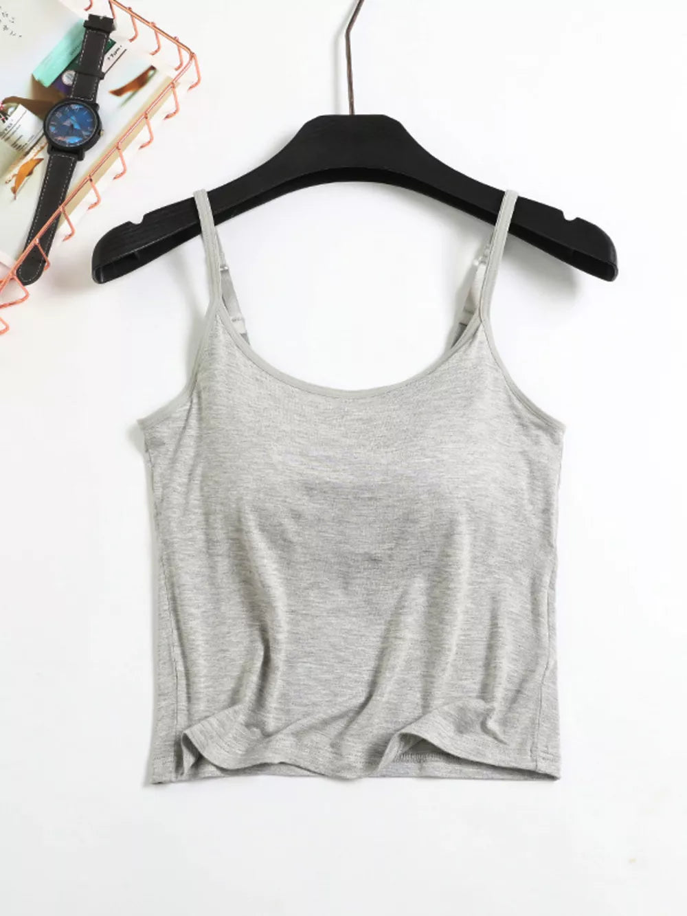 Hemp Ash adjustable cami with thin straps and a scoop neckline.
