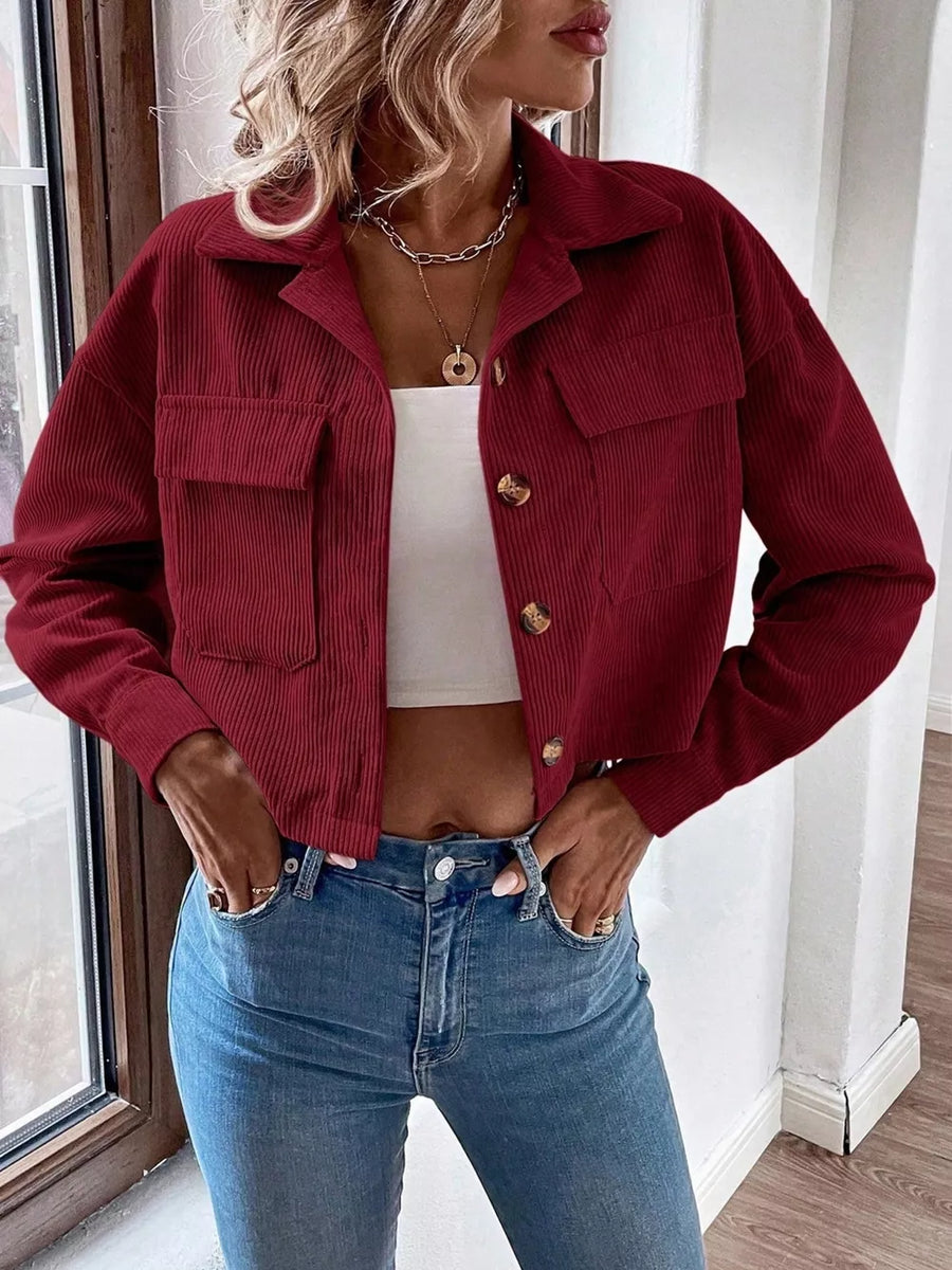 100% polyester Care instructions: Machine wash cold trucker jacket in Burgundy with boxy silhouette