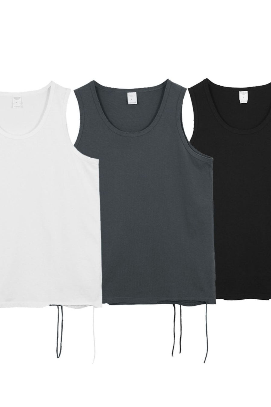 White, charcoal, and black tank tops with drawstring hems