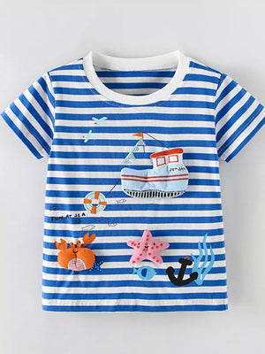 Children's blue and white striped short sleeve tee with nautical applique details.