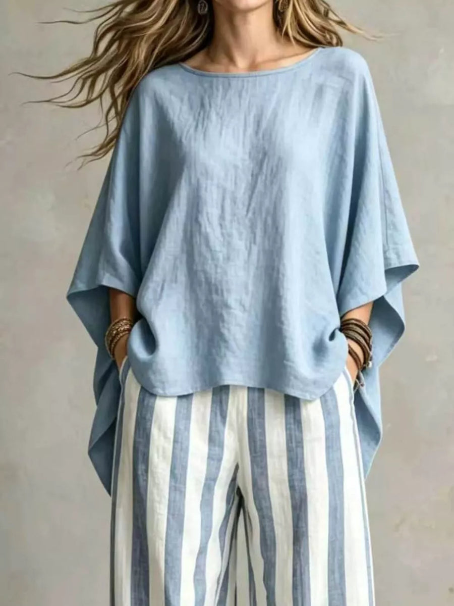 Solid Color Top And Pants Two-piece Set Plus Size in Sky Blue