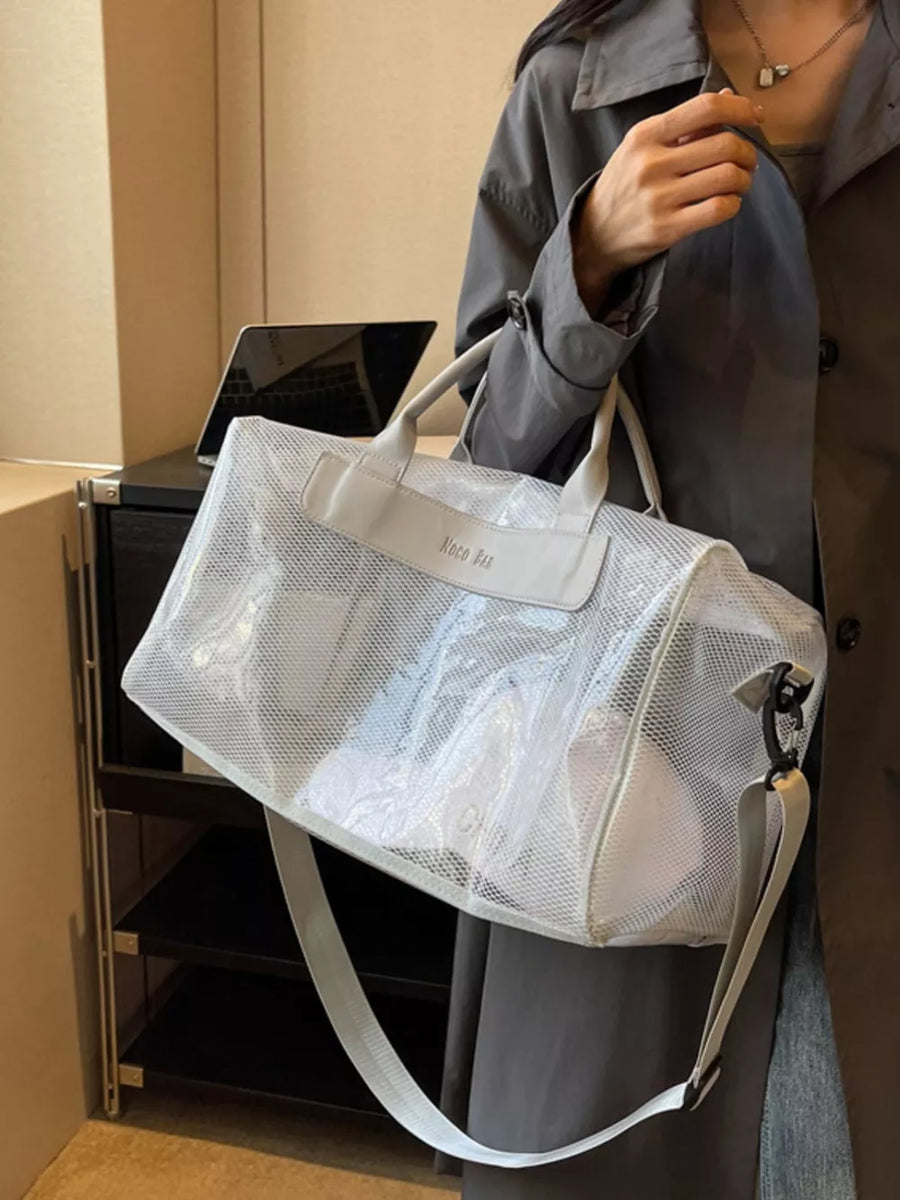 Vibrant transparent PVC mesh travel bag with light gray trim and strap.