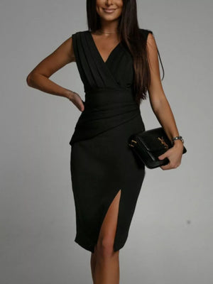 Blue Full Size V-neck Sleeveless Ruched Midi Dress