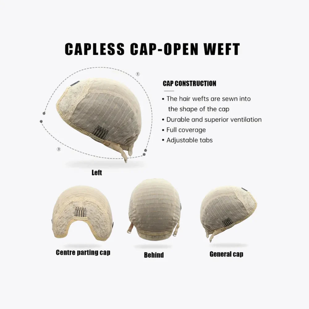 Wig cap construction details: open weft, adjustable tabs, combs, and ventilation.