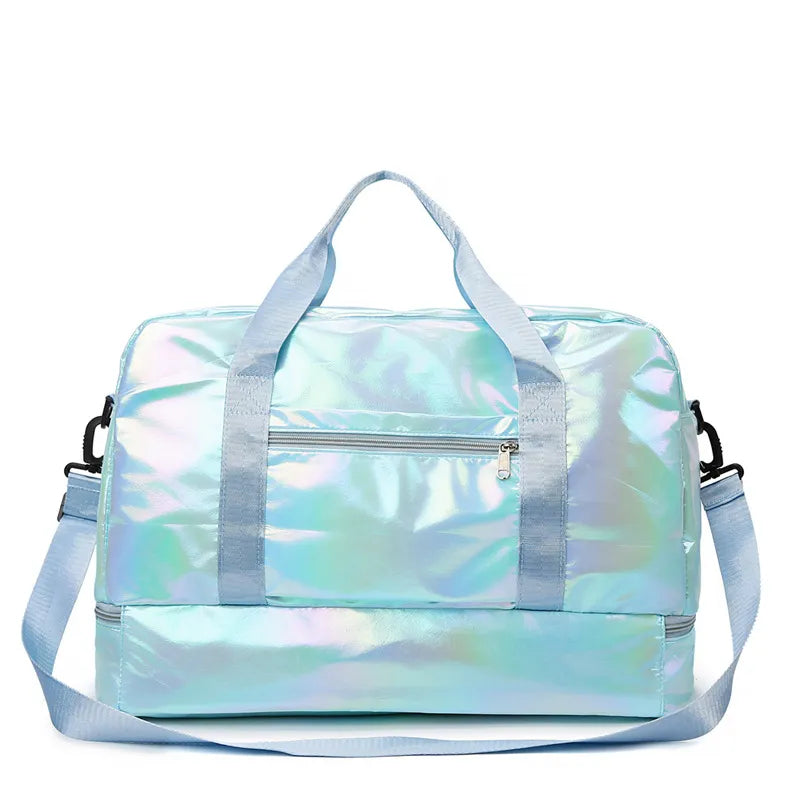 Iridescent duffel bag in Pastel Blue with separate compartment and adjustable strap.
