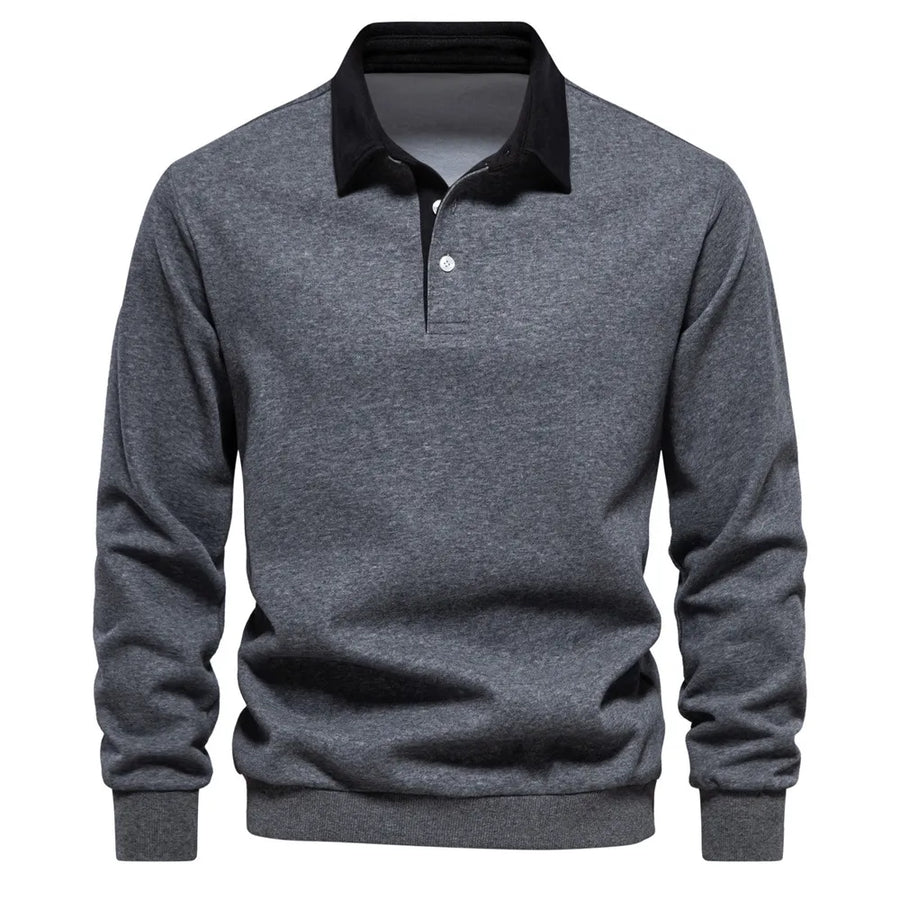 Dark Gray long sleeve polo sweatshirt with black collar and two button placket.