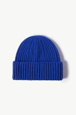 Blue chunky ribbed knit beanie made of acrylic.