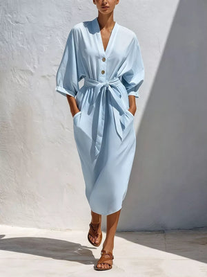 Army Green relaxed midi dress with v-neck