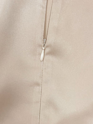 light beige fitted midi dress with round neck