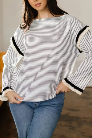 Stripe with Stripe Contrasted Ruffle Trim Loose Long Sleeve Top in Stripe