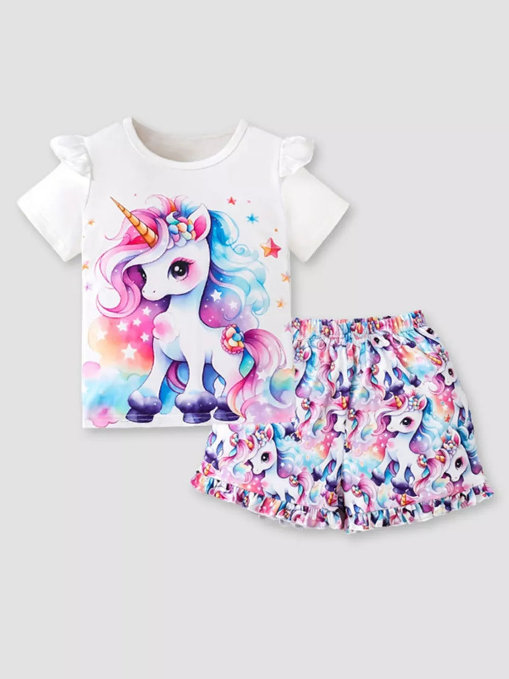 Baby unicorn ruffle sleeve t-shirt and shorts set with rainbow hair and stars.