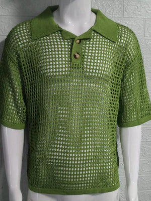 Open-knit polo shirt in matcha green with pointed collar and two buttons.