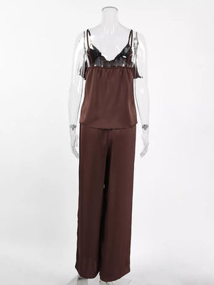 chocolate brown relaxed two-piece set with v-neck