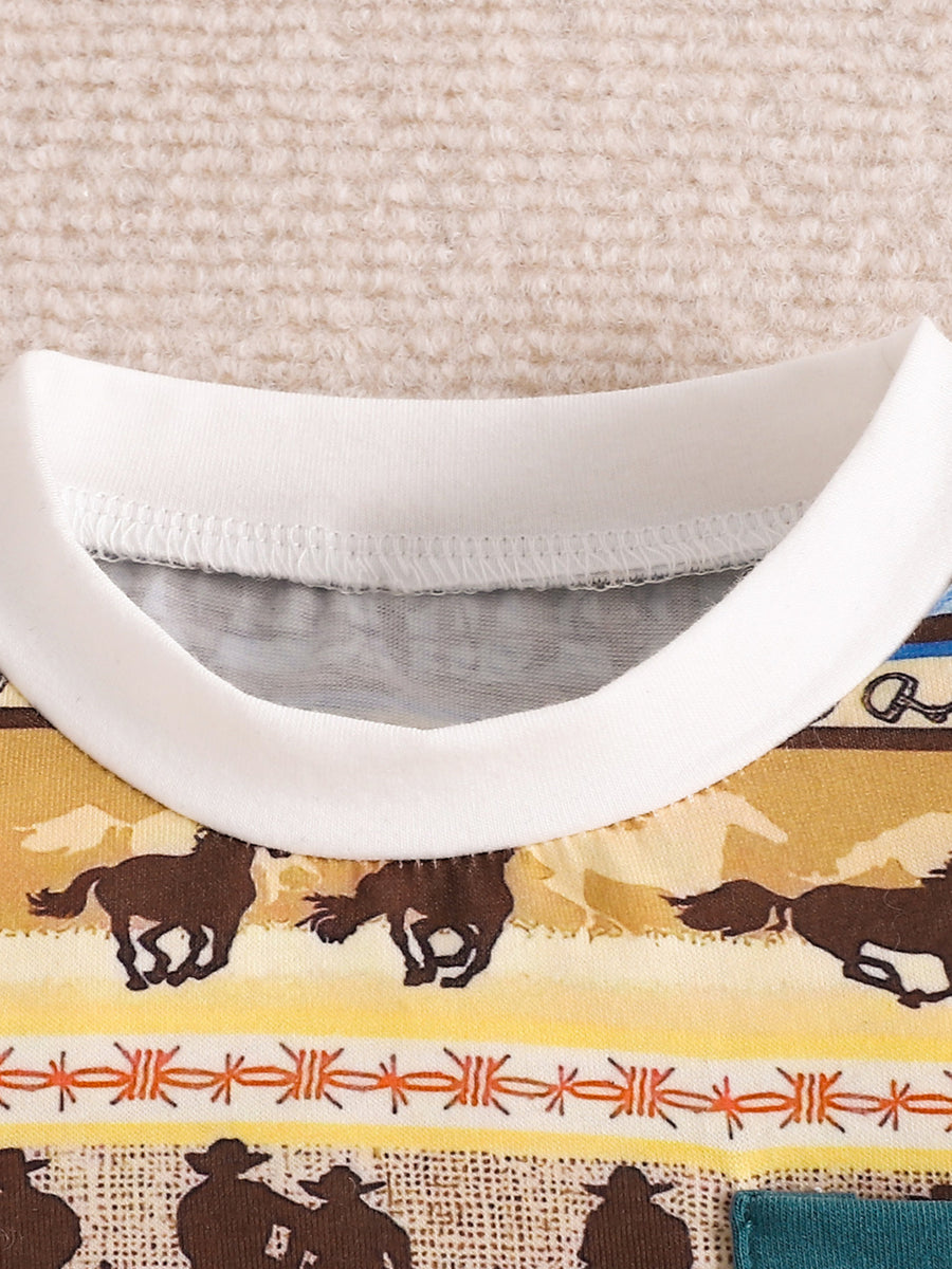 Children's cotton tee with western horse and cowboy print, white crew neck
