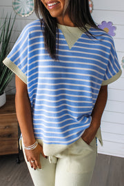 Relaxed fit blue and white striped t-shirt with a V-neck and contrasting trim.