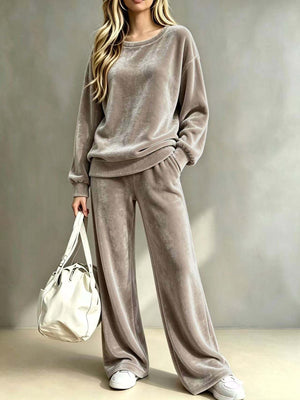 lounge set in taupe featuring pocketed and relaxed fit
