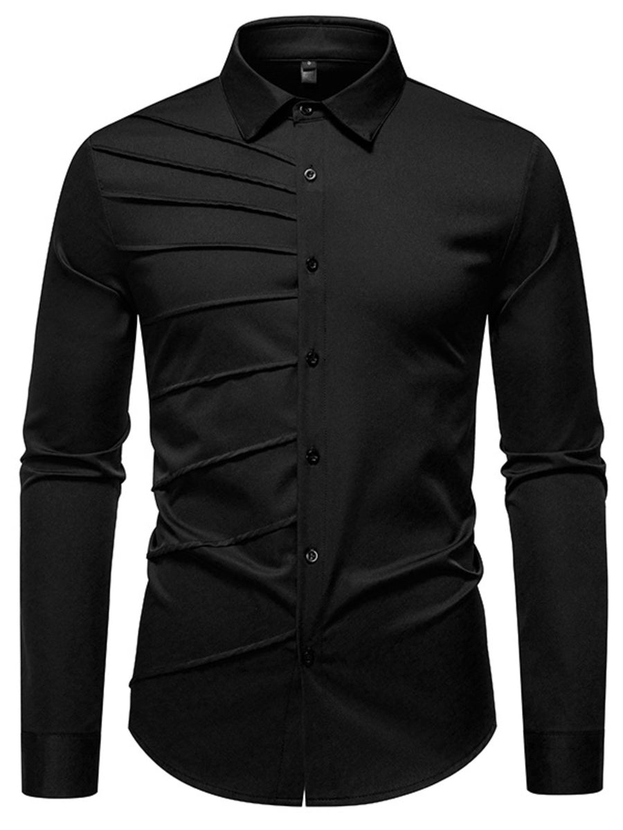 Black cotton long sleeve shirt with asymmetrical ruched detail and button front.