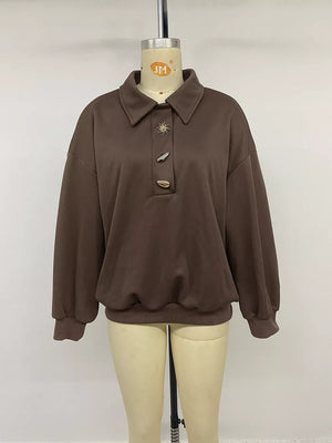 Polo Collar Dropped Shoulder Sweatshirt in brown with buttoned