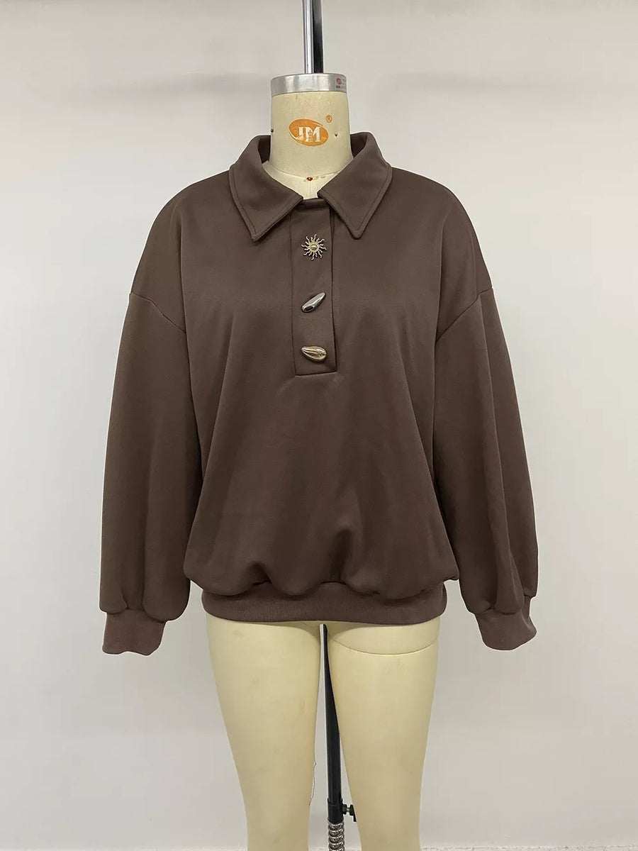 Polo Collar Dropped Shoulder Sweatshirt in brown with buttoned