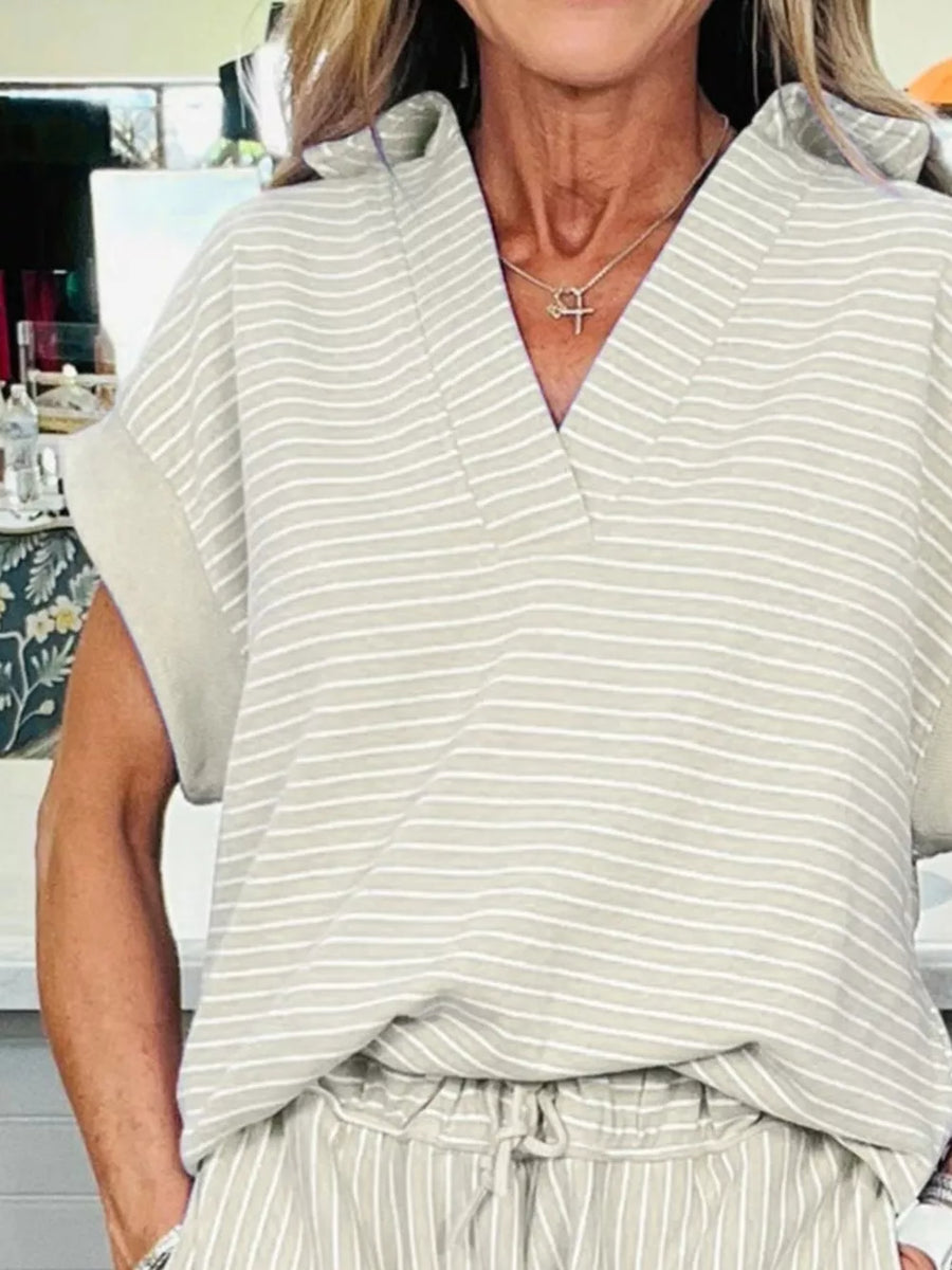 Chic beige striped cotton polo top with V-neck and drawstring shorts.