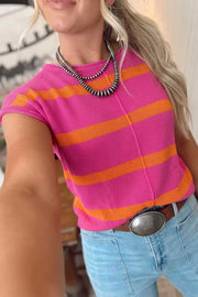 bright orange pullover sweater featuring stretch and striped