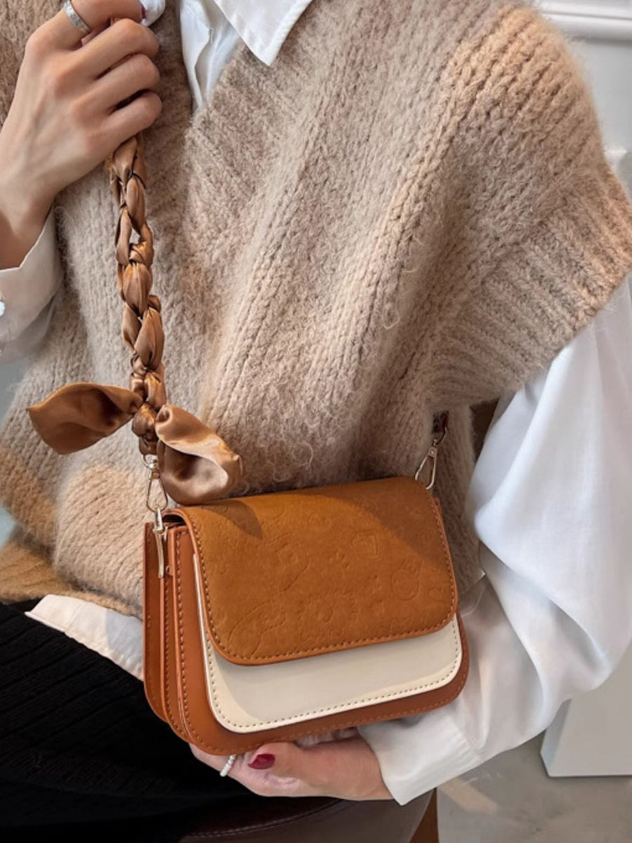 Mini two-tone crossbody bag in beige and brown with braided strap and scarf detail