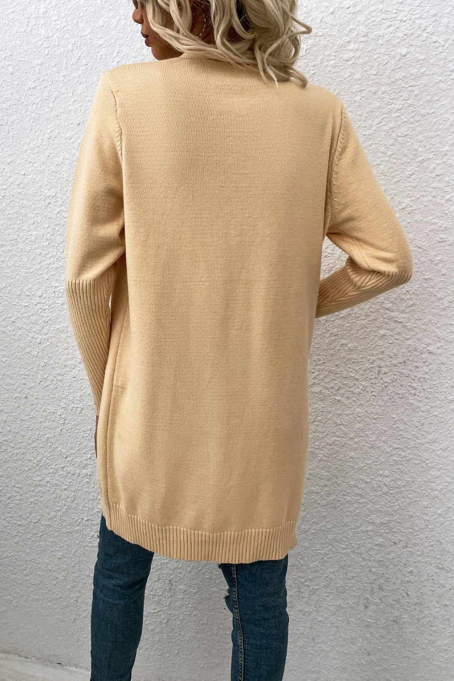 Khaki ribbed cuff open-front cardigan with ribbed hem and cuffs.