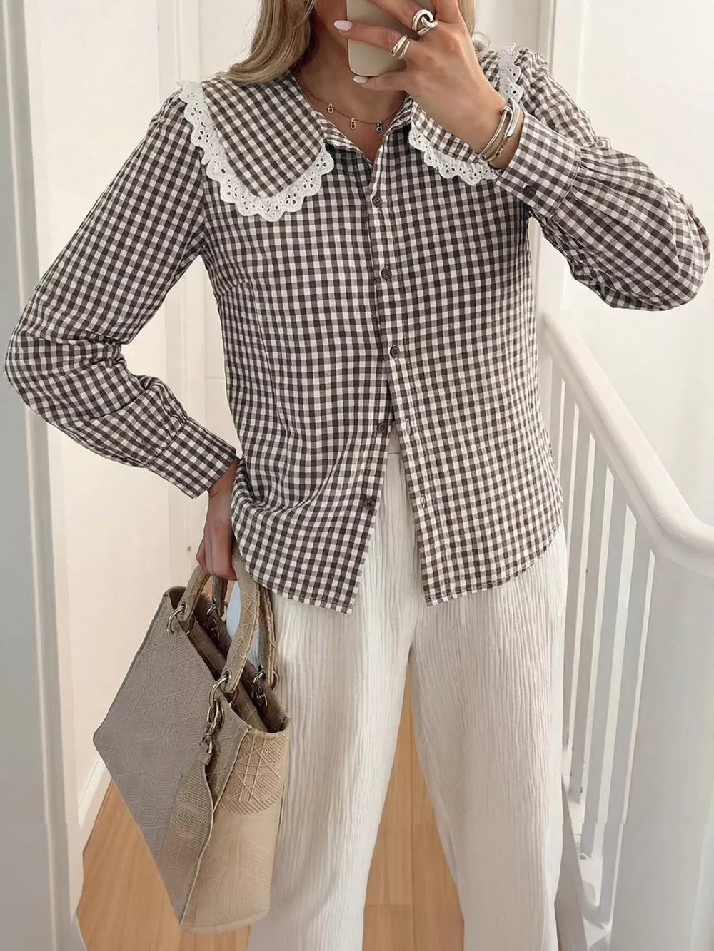 Red button-up shirt with button-front and gingham