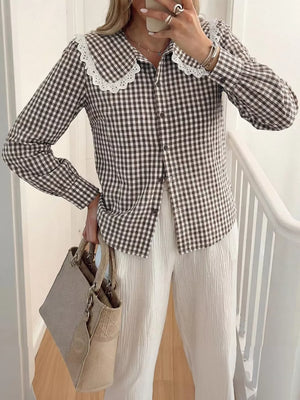 Red button-up shirt with button-front and gingham