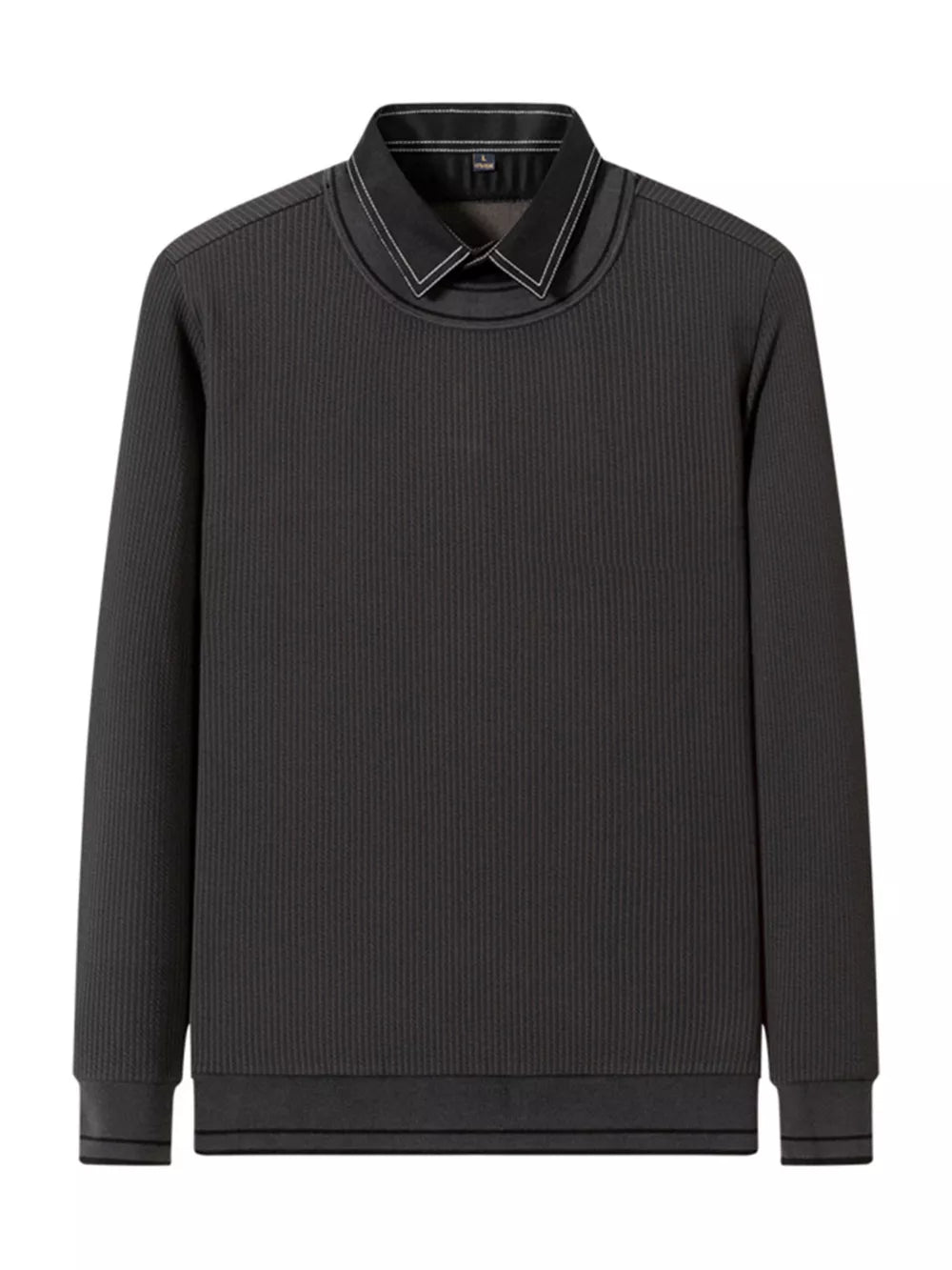Black ribbed knit sweater with a layered collar detail and crew neck.