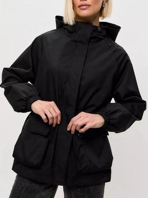 Drawstring Waist Hooded Windbreaker in Black