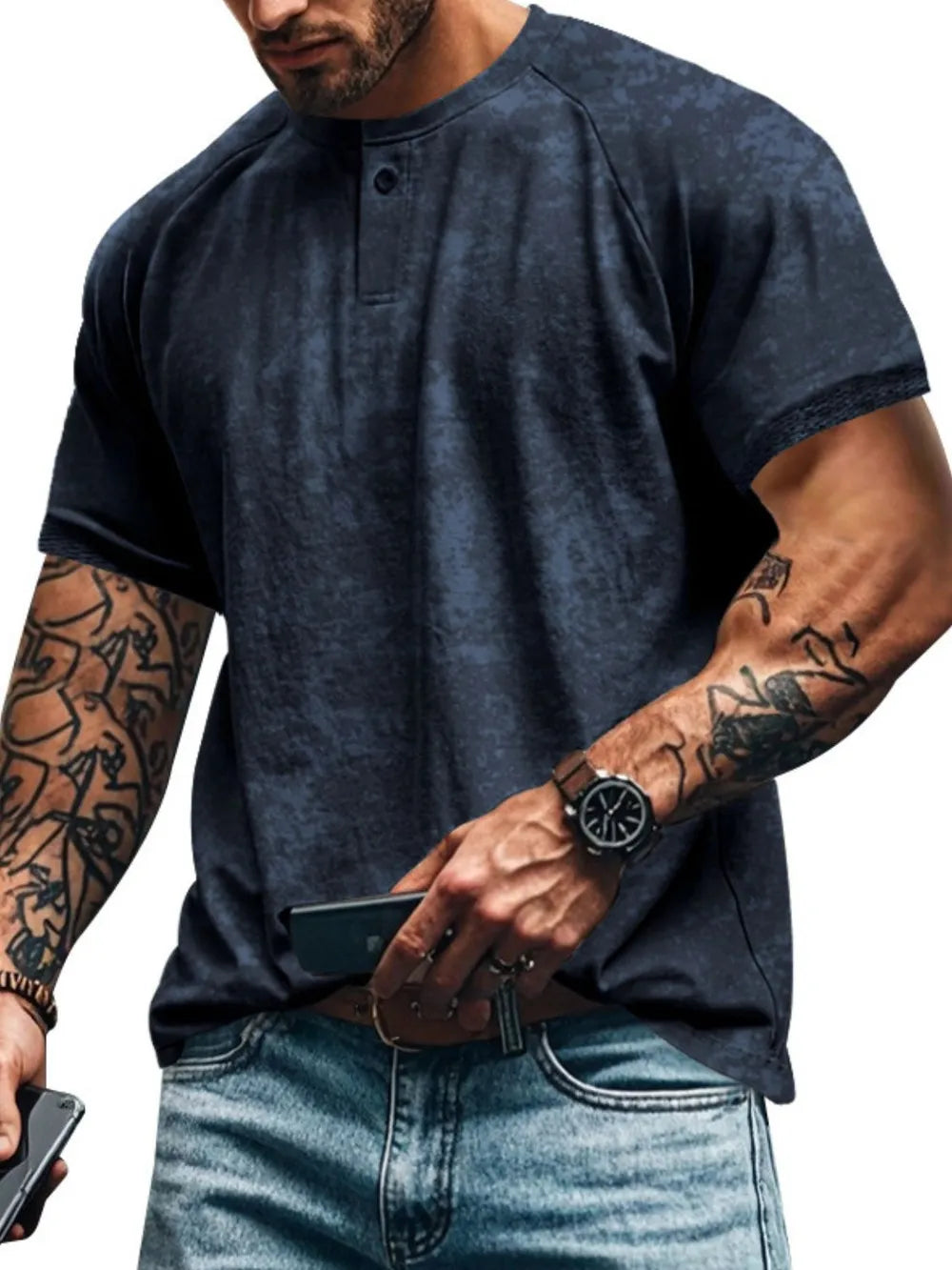 Textured navy henley tee with raglan sleeves and button placket.