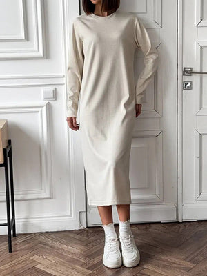 95% polyester, 5% spandex Care instructions: Machine wash cold midi dress in Beige with straight silhouette