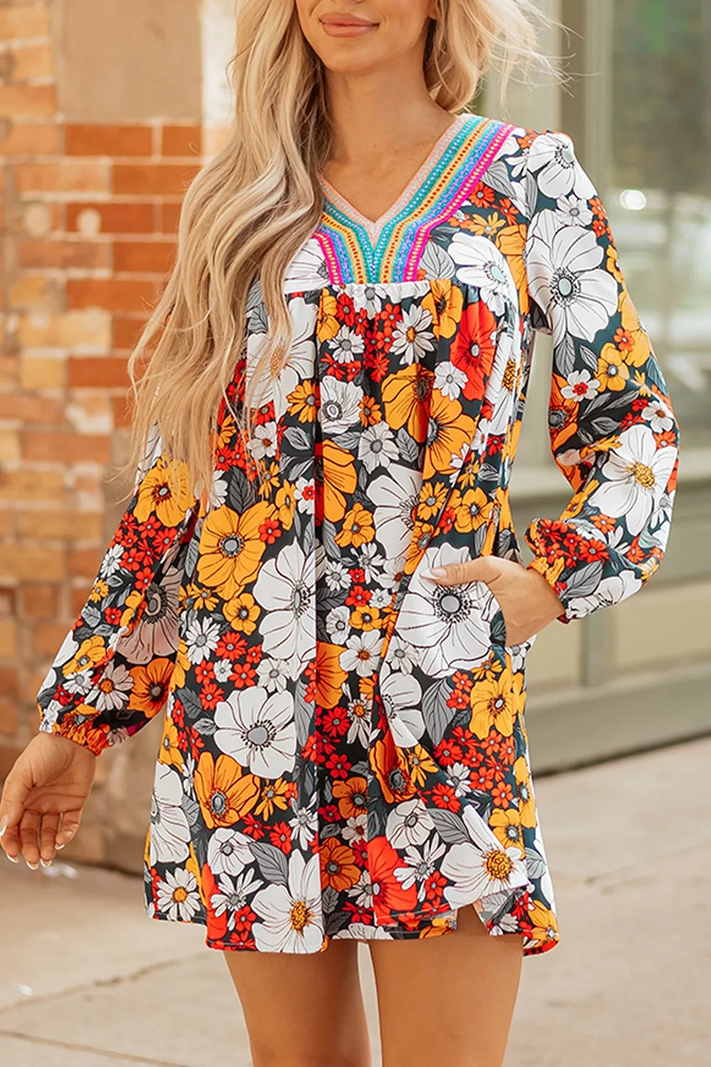 Multicolor Boho Floral Print V-neck Mini Dress With Pockets