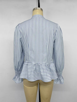 Striped Mandarin Knot Buttons Peplum Shirt in Blue