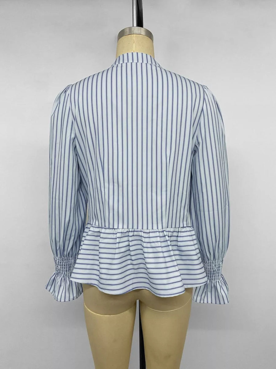 Striped Mandarin Knot Buttons Peplum Shirt in Blue