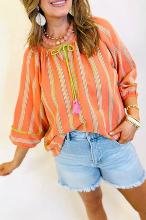 Stripe Tassel Tie Neck Cotton Blouse in this colorway