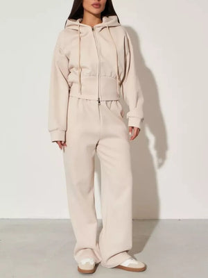 Brown Zip-up Hoodie And Wide-leg Pants Set