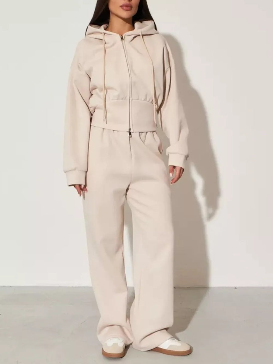 Brown Zip-up Hoodie And Wide-leg Pants Set