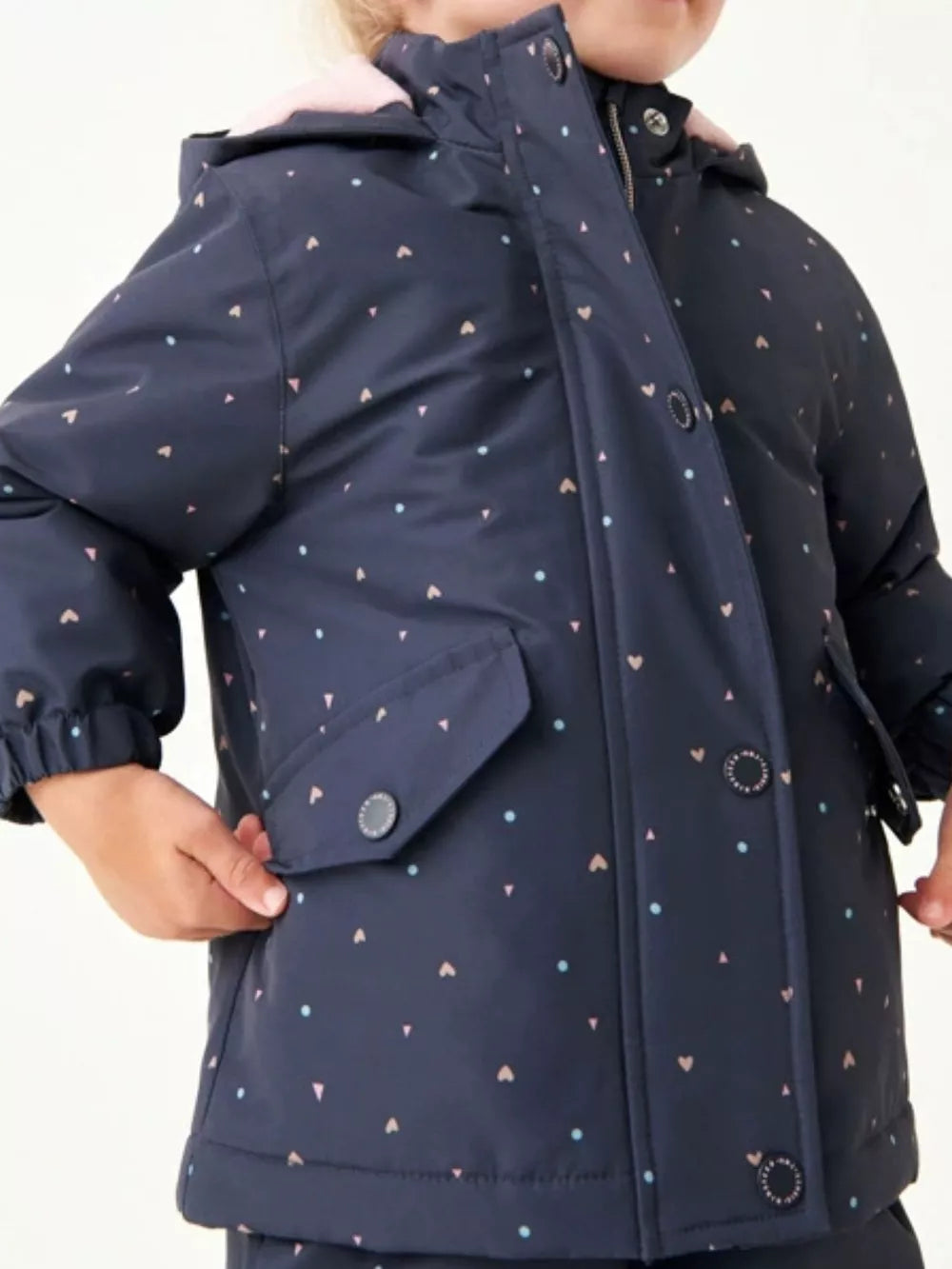 Toddler navy zip-up jacket with pink and blue heart pattern, cotton, cozy hood