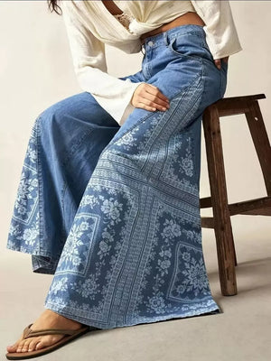light blue flare jeans with full-length and button-front