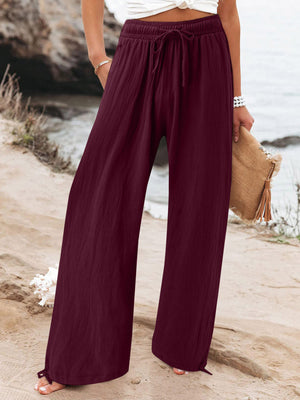 Light Gray Full Size Drawstring Wide Leg Pants Plus Size