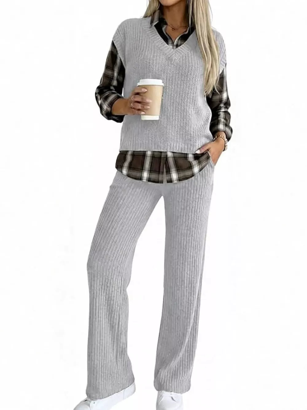 lounge set in light gray featuring ribbed and relaxed fit