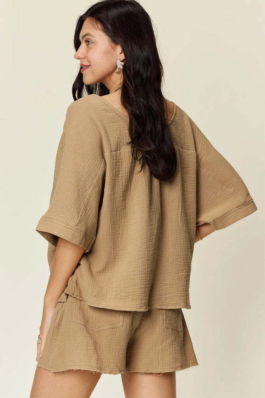 Khaki textured cotton half sleeve top and drawstring shorts set with raw hem shorts